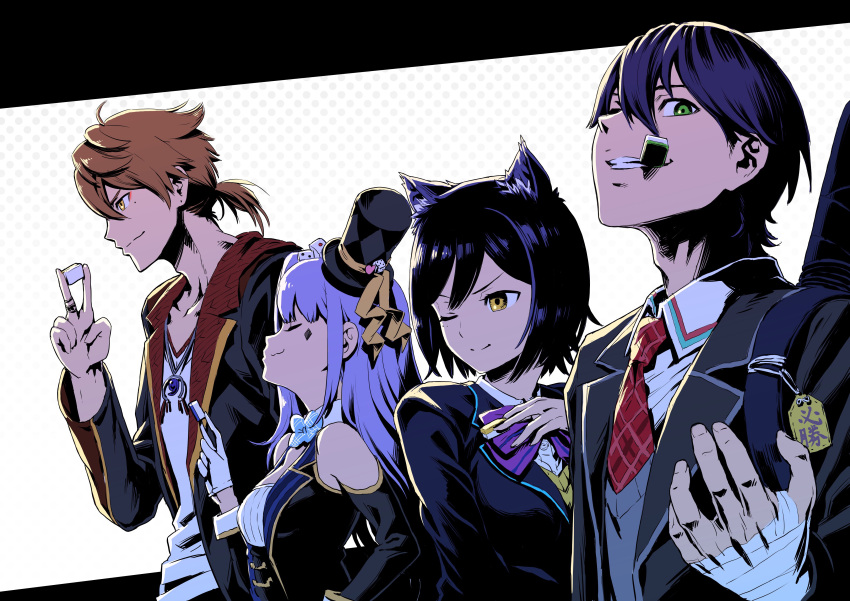 2boys 2girls :3 absurdres animal_ears bandage bandaged_arm bandages blazer blue_hair cat_ears choker detached_sleeves fushimi_gaku gloves hat highres jacket jewelry kenmochi_touya long_hair looking_at_viewer mahjong mahjong_tile mole mole_under_eye mouth_hold multiple_boys multiple_girls necktie nijisanji ring school_uniform shizuka_rin short_hair short_ponytail side_ponytail smile tagme top_hat ume_(yume_uta_da) v virtual_youtuber yellow_eyes yuuki_chihiro