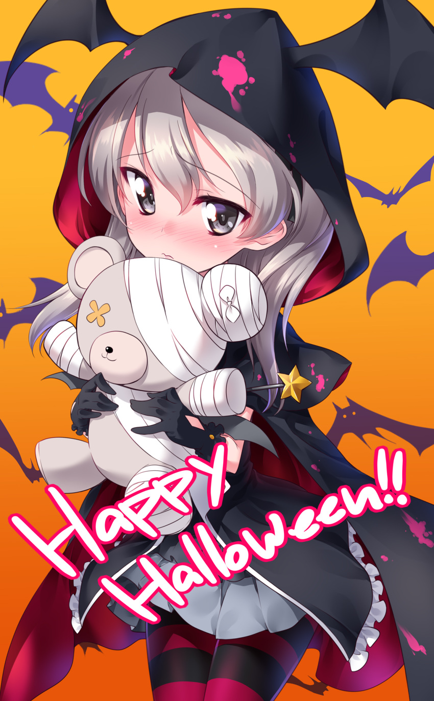 1girl absurdres bandage bangs bat black_cape black_dress black_gloves blush boko_(girls_und_panzer) brown_eyes cape dress english eyebrows_visible_through_hair frilled_dress frills girls_und_panzer gloves gradient gradient_background grey_skirt halloween halloween_costume happy_halloween head_wings highres holding holding_stuffed_animal hooded_cape kuzuryuu_kennosuke light_brown_hair lips long_hair looking_at_viewer miniskirt orange_background paint_splatter pleated_skirt red_background red_legwear shimada_arisu short_dress side_ponytail skirt solo star_wand stuffed_animal stuffed_toy teddy_bear thigh-highs wand wavy_mouth