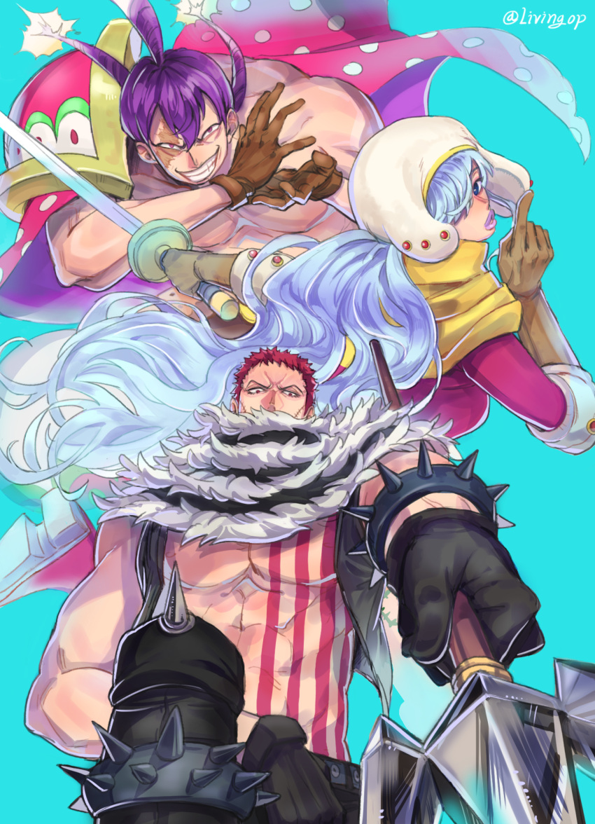 1girl 2boys abs aqua_background armlet bare_arms bare_chest bare_shoulders black_gloves black_pants black_vest blue_eyes blue_hair brother_and_sister brown_gloves burn_scar cape charlotte_cracker charlotte_katakuri charlotte_smoothie chest chest_tattoo covered_mouth elbow_gloves evil_grin evil_smile foreshortening gloves grin hair_between_eyes hair_over_one_eye half-closed_eyes highres holding holding_spear holding_sword holding_weapon index_finger_raised lips living_(pixiv5031111) long_hair long_sleeves looking_at_viewer looking_back looking_down multiple_boys muscle one_piece open_clothes open_vest outstretched_arm pants parted_lips polearm polka_dot purple_hair purple_lips red_eyes redhead scar scar_across_eye scarf scarf_over_mouth shirtless short_hair siblings simple_background smile spear spiked_armlet spikes stitches stomach_tattoo sword tattoo twintails twitter_username very_long_hair vest violet_eyes weapon