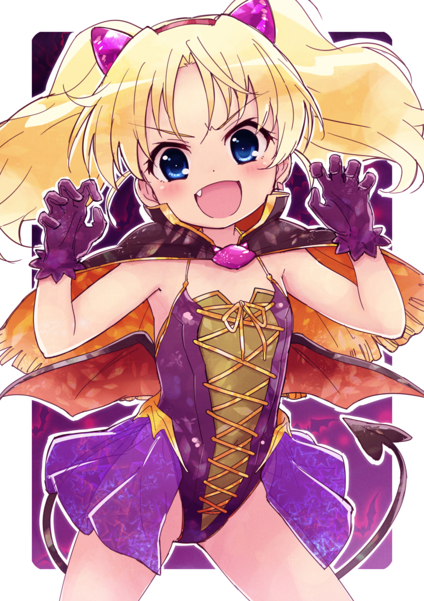 1girl :d absurdres bangs black_cape blonde_hair blue_eyes blush brown_wings cape claw_pose commentary_request covered_navel cowboy_shot cross-laced_clothes demon_tail demon_wings eyebrows_visible_through_hair fang flat_chest gloves hairband hands_up head_tilt highres jewelpet_(series) jewelpet_twinkle leotard long_hair looking_at_viewer miria_marigold_mackenzie multicolored multicolored_cape multicolored_clothes nyama open_mouth orange_cape purple_gloves purple_leotard red_hairband showgirl_skirt sidelocks smile solo star tail twintails v-shaped_eyebrows wings