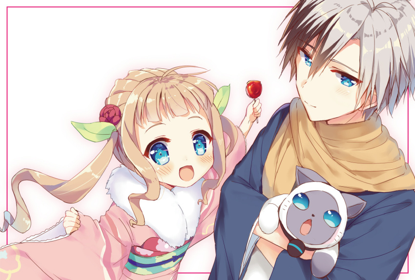 1boy 1girl :d animal bangs blue_eyes blush brown_scarf candy_apple cat character_request child commentary_request elle_mel_martha eyebrows_visible_through_hair flower food fur_collar hair_between_eyes hair_flower hair_ornament haori highres holding holding_food japanese_clothes kimono light_brown_hair long_hair long_sleeves looking_at_viewer ludger_will_kresnik natsuki_marina obi open_mouth pinching_sleeves pink_kimono red_flower red_rose rose sash scarf sidelocks silver_hair smile tales_of_(series) tales_of_xillia tales_of_xillia_2 twintails very_long_hair white_background wide_sleeves