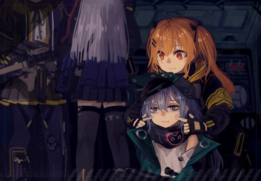 4girls :3 akai-fumihito annoyed armband bangs bare_shoulders black_gloves bobby_pin bow brown_eyes cheek_poking closed_mouth fingerless_gloves g11_(girls_frontline) girls_frontline gloves grey_eyes grey_hair gun h&amp;k_g11 hair_between_eyes hair_bow hat highres hk416_(girls_frontline) holding holding_gun holding_weapon jacket light_brown_hair long_hair long_sleeves looking_at_another multiple_girls off_shoulder pantyhose poking scar scar_across_eye silver_hair skirt smile tagme tank_top thigh-highs thigh_strap twintails ump45_(girls_frontline) ump9_(girls_frontline) very_long_hair weapon