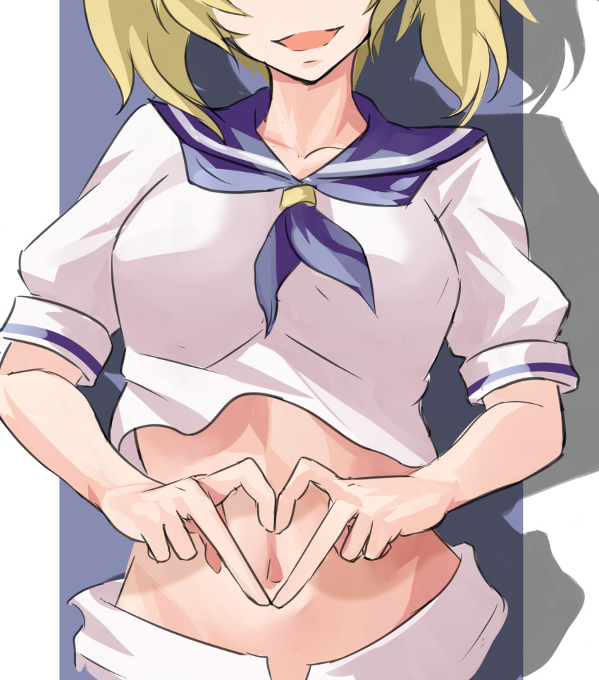 1girl blonde_hair collarbone heart heart_hands highres kamiya_ueshi kitashirakawa_chiyuri midriff navel open_fly open_mouth puffy_short_sleeves puffy_sleeves sailor sailor_collar sailor_shirt shirt short_hair short_sleeves shorts simple_background stomach touhou touhou_(pc-98) uniform white_shorts