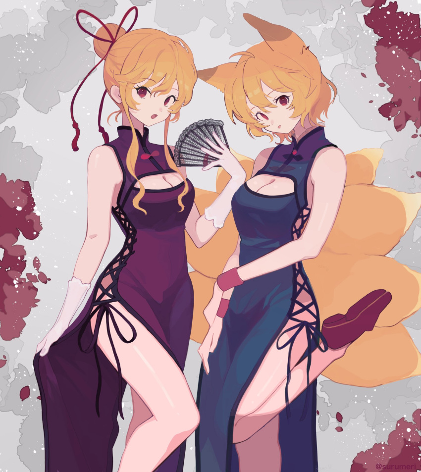 2girls :p adapted_costume alternate_hairstyle animal_ears artist_name bangs bare_legs bare_shoulders blonde_hair breasts china_dress chinese_clothes cleavage cleavage_cutout commentary_request cross-laced_clothes dress eyebrows_visible_through_hair fan feet_out_of_frame folding_fan fox_ears gloves grey_background hair_between_eyes hair_bun hair_ribbon hand_up head_tilt highres holding holding_fan large_breasts looking_at_viewer medium_breasts multiple_girls no_hat no_headwear open_mouth petals purple_footwear red_eyes red_ribbon ribbon shiny shiny_skin shoes short_hair side_slit sidelocks skirt_hold sleeveless sleeveless_dress standing standing_on_one_leg surumeri_(baneiro) thighs tongue tongue_out touhou twitter_username white_gloves wristband yakumo_ran yakumo_yukari