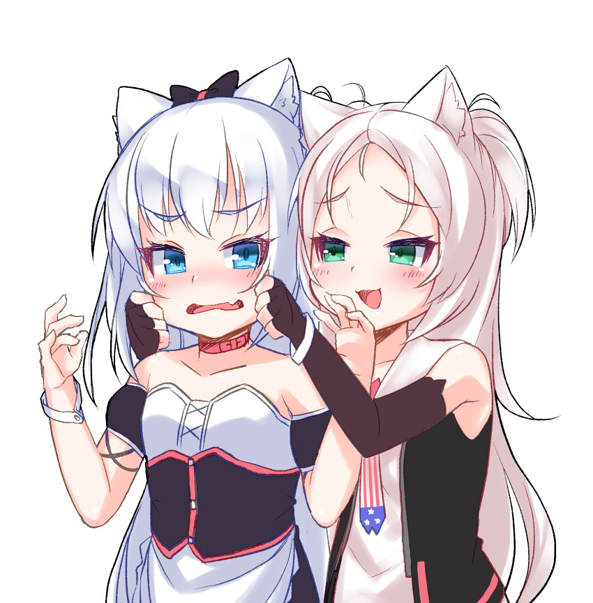 2girls :d absurdres american_flag american_flag_print animal_ear_fluff animal_ears azur_lane bangs bare_shoulders black_bow black_dress black_sleeves blue_eyes blush bow breasts brown_gloves cat_ears cheek_pull collarbone commentary_request detached_sleeves dress elbow_gloves eyebrows_visible_through_hair fang fingerless_gloves flag_print forehead gloves green_eyes hair_bow hammann_(azur_lane) hands_up highres kirisame_mia long_hair multiple_girls open_mouth parted_bangs print_neckwear puffy_short_sleeves puffy_sleeves remodel_(azur_lane) short_sleeves silver_hair simple_background sims_(azur_lane) small_breasts smile strapless strapless_dress two_side_up very_long_hair white_background wrist_cuffs
