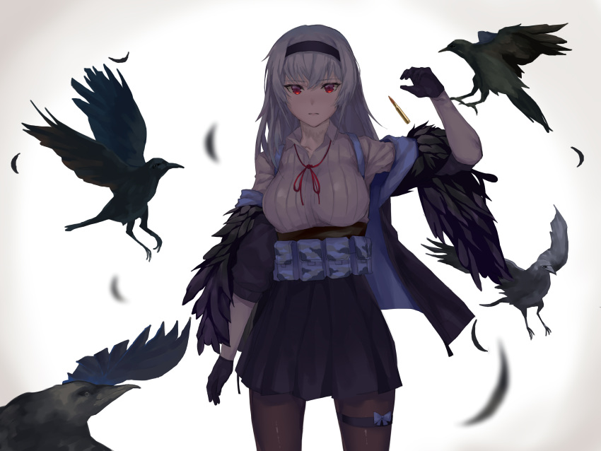 1girl absurdres arm_up bangs bird black_hairband black_legwear black_skirt breasts camouflage collared_shirt crow eyebrows_visible_through_hair feathers girls_frontline hairband highres light_blue_hair long_hair looking_at_viewer medium_breasts neck_scar off_shoulder open_clothes open_mouth pouch red_eyes scar shirt skirt solo straight_hair teruru_(pixiv_6148103) thunder_(girls_frontline) underbust white_background white_shirt