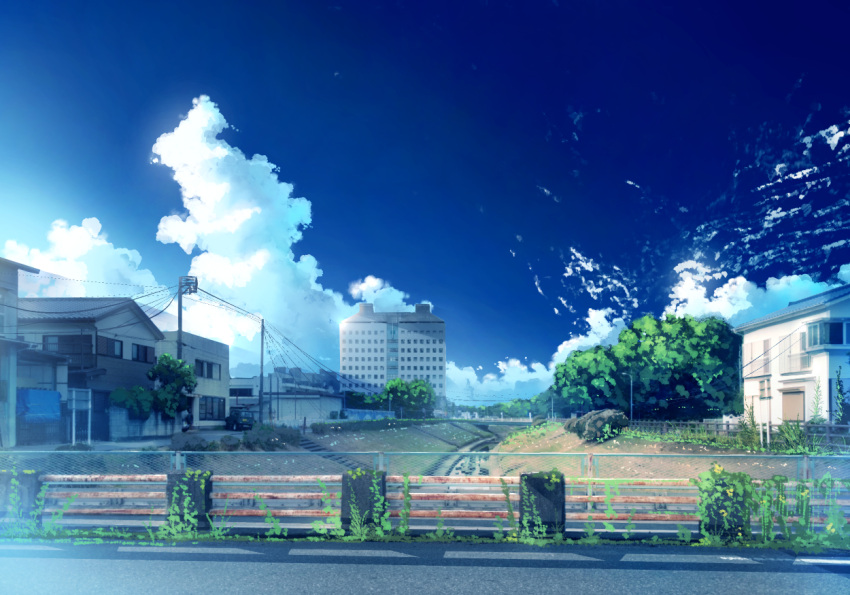 anonamos balcony blue_sky bridge building canal car chain-link_fence clouds cloudy_sky day fence grass ground_vehicle house lamppost motor_vehicle no_humans outdoors plant power_lines railing rock scenery sign sky ssss.gridman stairs tree window