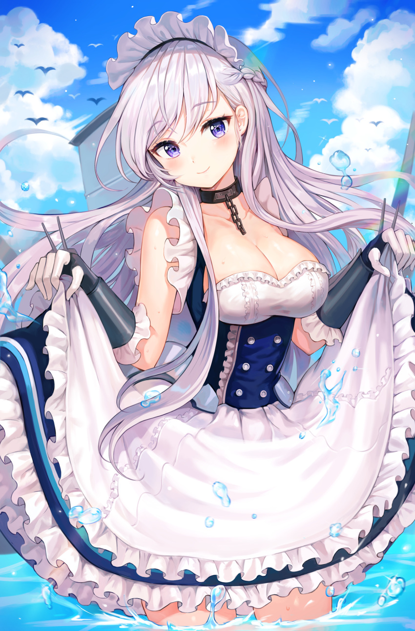 1girl absurdres apron arm_guards azur_lane bangs belfast_(azur_lane) bird blue_eyes blue_sky blush braid breasts chains cleavage closed_mouth clouds collar collarbone corset day dress dress_lift eyebrows_visible_through_hair french_braid frilled_gloves frills gloves head_tilt highres large_breasts lifted_by_self long_hair looking_at_viewer maid maid_headdress outdoors sidelocks silver_hair sky smile solo tokkyu_(user_mwwe3558) wading water_drop wet white_gloves