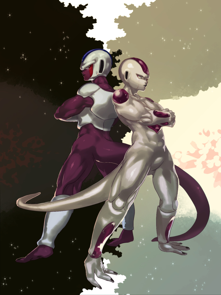 2boys back-to-back black_background brothers cooler_(dragon_ball) crossed_arms dragon_ball dragonball_z expressionless frieza full_body grey_background height_difference highres looking_at_another looking_back male_focus mayo_cha multicolored multicolored_background multiple_boys profile serious siblings standing star star_(sky) starry_background tail white_background