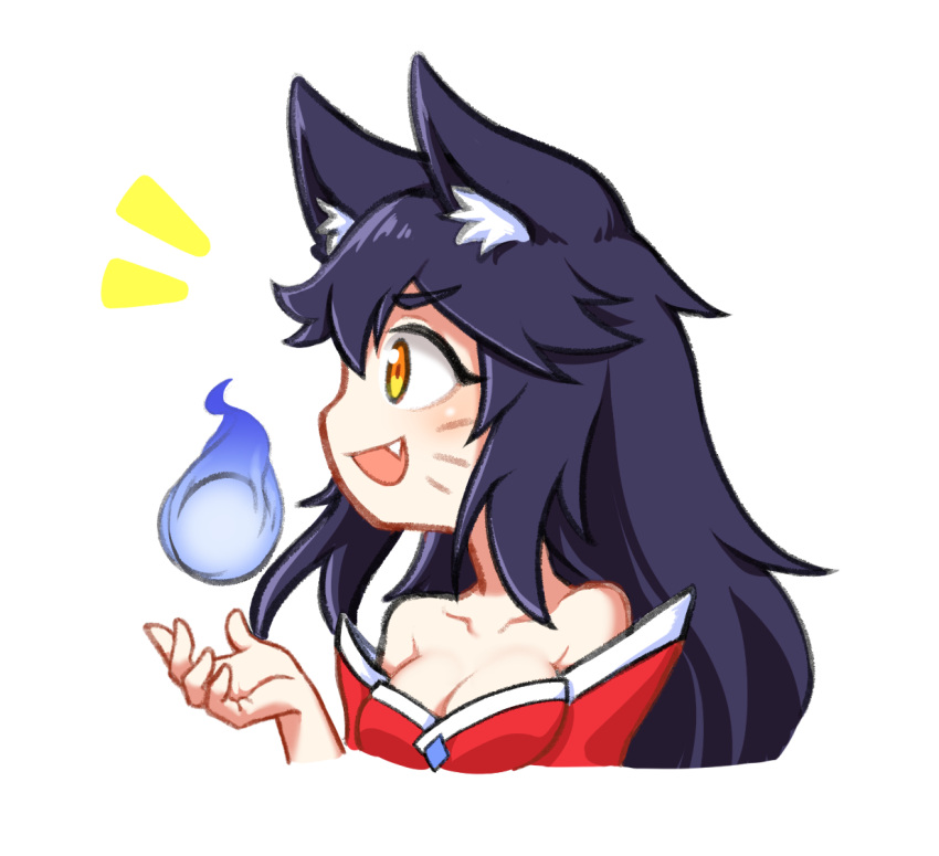 1girl ahri animal_ear_fluff animal_ears bangs bare_shoulders breasts cleavage collarbone fox_ears fox_girl hand_up league_of_legends long_hair open_mouth profile purple_hair sideways_mouth simple_background solo v-shaped_eyebrows whisker_markings white_background yellow_eyes
