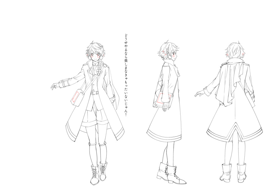 1boy :d androgynous antenna_hair blush_stickers boots bow braid capelet character_sheet coat cravat cross-laced_footwear earrings firearm from_behind full_body gun hair_bow hair_ornament hair_over_shoulder jewelry lace-up_boots lineart long_coat majiro_(mazurka) male_focus margarita_(senjuushi) military military_uniform multiple_views official_art open_mouth popped_collar senjuushi:_the_thousand_noble_musketeers shorts side_braid single_braid smile standing translation_request transparent_background trap turnaround uniform weapon