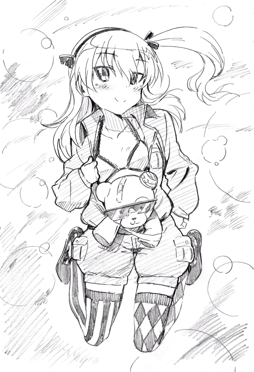 1girl argyle argyle_legwear bandage bangs bikini boko_(girls_und_panzer) breasts bubble closed_mouth commentary eyebrows_visible_through_hair frilled_bikini frills full_body girls_und_panzer graphite_(medium) greyscale hair_ribbon head_tilt highres jumping light_blush long_hair long_sleeves looking_at_viewer mismatched_legwear monochrome open_clothes opened_by_self pink_x print_legwear ribbon shimada_arisu shoes short_jumpsuit side_ponytail small_breasts smile solo striped striped_legwear stuffed_animal stuffed_toy sunglasses swimsuit teddy_bear thigh-highs traditional_media vertical-striped_legwear vertical_stripes