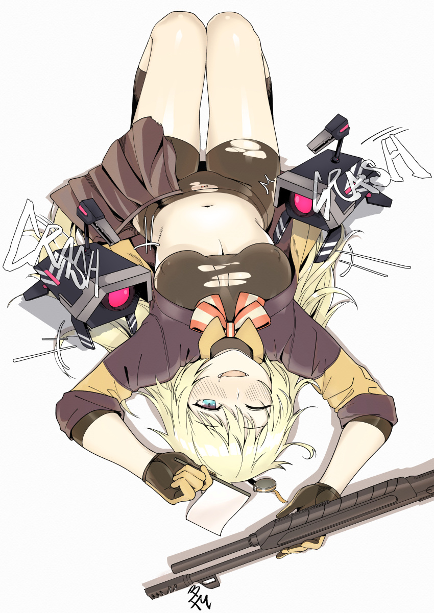 1girl absurdres bigforkman bike_shorts blonde_hair blue_eyes blush bow bow_panties breasts cleavage erect_nipples flag girls_frontline gloves gun hair_between_eyes highres kneehighs long_hair lying navel on_back open_clothes open_skirt panties purple_skirt s.a.t.8_(girls_frontline) shotgun skirt solo thighs torn_bike_shorts torn_clothes underwear very_long_hair weapon white_background white_flag