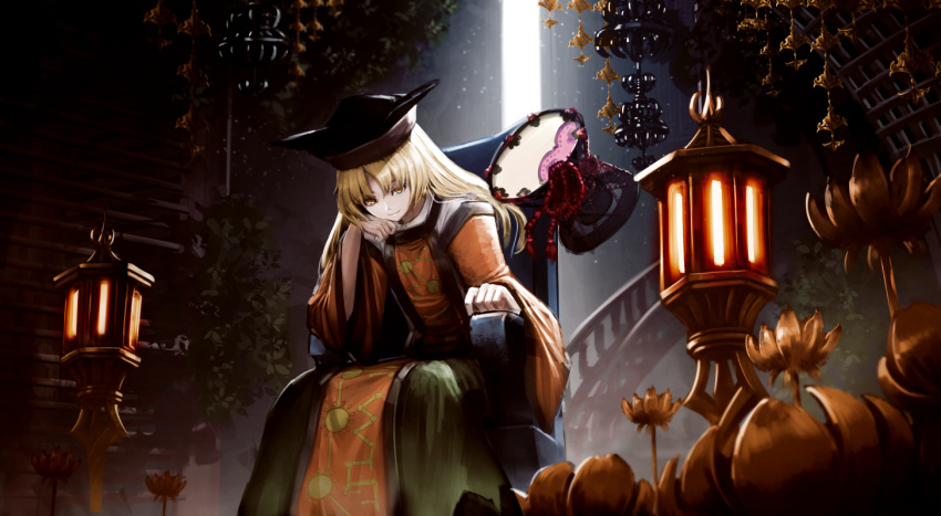 1girl armchair bangs black_hat blonde_hair chair closed_mouth commentary_request constellation_print detached_sleeves drum floating floating_object flower gate green_skirt hat instrument leaning_forward light_smile long_hair long_sleeves looking_at_viewer matara_okina parted_bangs plant ryosios shirt sitting skirt solo stairs stone_lantern tabard touhou white_shirt wide_sleeves yellow_eyes yellow_flower