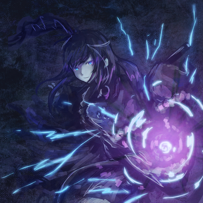 1girl abstract_background ancient_destroyer_oni black_hair blue_eyes charging drill_hair electricity energy energy_gun glowing glowing_eyes hair_blowing japanese_clothes kantai_collection kimono long_hair looking_at_viewer mole mole_under_eye mouth pale_skin shinkaisei-kan side_drill side_ponytail solo turret weapon yomi_(yomi14_pyaon)