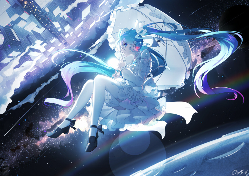 1girl backlighting bai_yemeng bare_shoulders black_footwear blue_eyes blue_hair blue_nails city clouds commentary_request detached_sleeves dress earrings eyebrows_visible_through_hair finger_to_mouth frilled_dress frilled_sleeves frills full_body glowing hair_between_eyes hair_ribbon hatsune_miku holding holding_umbrella index_finger_raised jewelry lens_flare long_hair long_sleeves looking_at_viewer looking_to_the_side milky_way moon nail_polish neck_ribbon night night_sky outdoors parted_lips rainbow ribbon saturn shoes shooting_star shushing sidelocks sideways_glance signature sky smile solo star_(sky) thigh-highs twintails umbrella very_long_hair vocaloid white_dress white_legwear white_neckwear white_ribbon