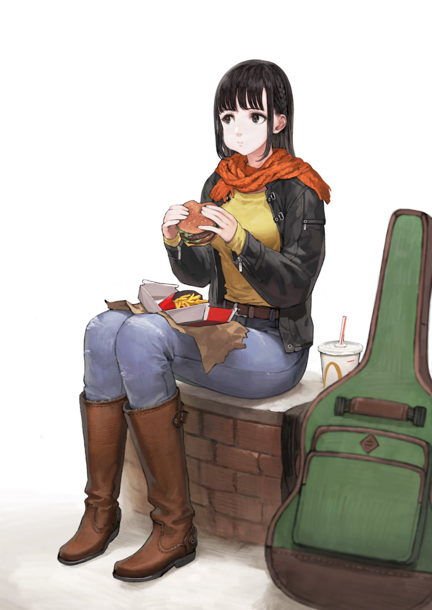 1girl :t bangs belt black_eyes black_hair black_jacket boots braid breasts brown_footwear commentary cup denim disposable_cup drinking_straw food french_fries full_body guitar_case hamburger highres holding holding_food instrument_case jacket jeans jun_(seojh1029) long_hair long_sleeves looking_at_viewer mcdonald's medium_breasts orange_scarf original pants scarf simple_background sitting solo white_background