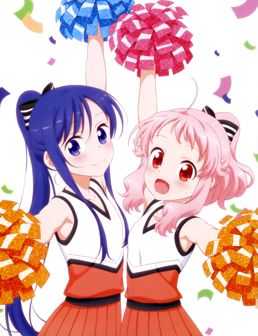 2girls :d absurdres ahoge anima_yell! arima_hizume arm_up artist_request blush bow cheerleader closed_mouth collarbone confetti eyebrows_visible_through_hair hair_bow hatoya_kohane head_tilt highres long_hair looking_at_viewer multiple_girls open_mouth orange_skirt outstretched_arms pink_hair pleated_skirt pom_poms ponytail purple_hair red_eyes scan shirt skirt sleeveless sleeveless_shirt smile striped striped_bow sweat very_long_hair violet_eyes white_background