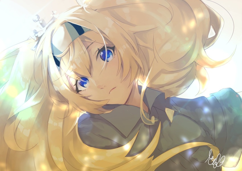 blonde_hair blue_eyes blue_shirt breast_pocket buttons closed_mouth collared_shirt commentary_request gambier_bay_(kantai_collection) hair_between_eyes hairband highres kantai_collection light_rays looking_at_viewer madori_(sayuri5) multicolored_hairband pocket shirt short_sleeves signature sunbeam sunlight twintails