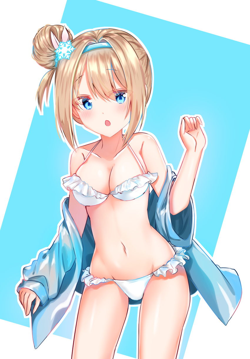 1girl absurdres bangs bare_shoulders bikini blue_background blue_eyes blue_hairband blue_jacket blush breasts cleavage collarbone commentary eyebrows_visible_through_hair frilled_bikini frills girls_frontline hair_between_eyes hair_bun hair_ornament hairband hand_up head_tilt highres jacket light_brown_hair long_sleeves looking_at_viewer mamel_27 medium_breasts navel off_shoulder one_side_up outline parted_lips side_bun sidelocks sleeves_past_wrists snowflake_hair_ornament solo suomi_kp31_(girls_frontline) swimsuit two-tone_background white_background white_bikini white_outline