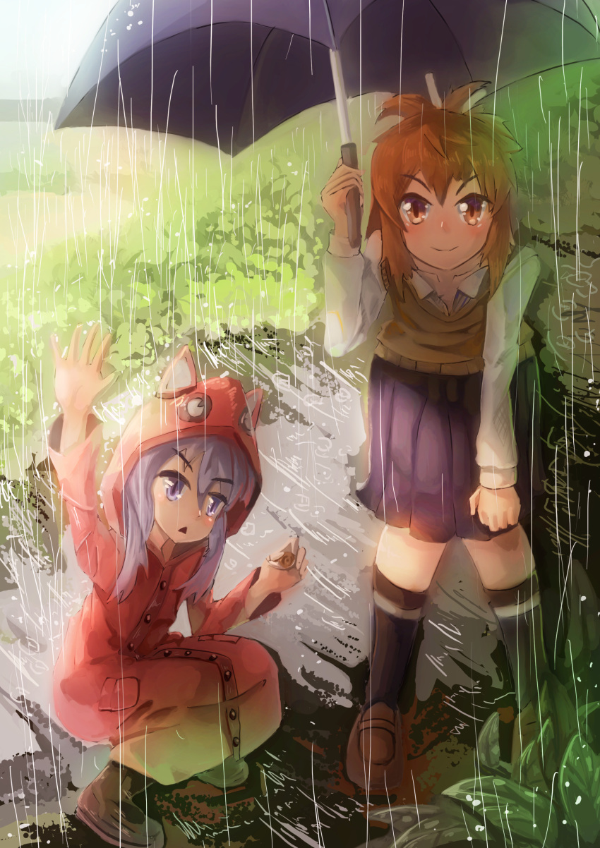 absurdres animal_hood arm_up blush boots brown_eyes brown_hair chestnut_mouth grass highres hood kneehighs koshigaya_natsumi leaning_forward loafers long_hair looking_at_viewer miyauchi_renge non_non_biyori outdoors ponytail purple_hair rain raincoat reaching_out ripples ririri school_uniform shoes sky snail squatting twintails umbrella violet_eyes water water_drop