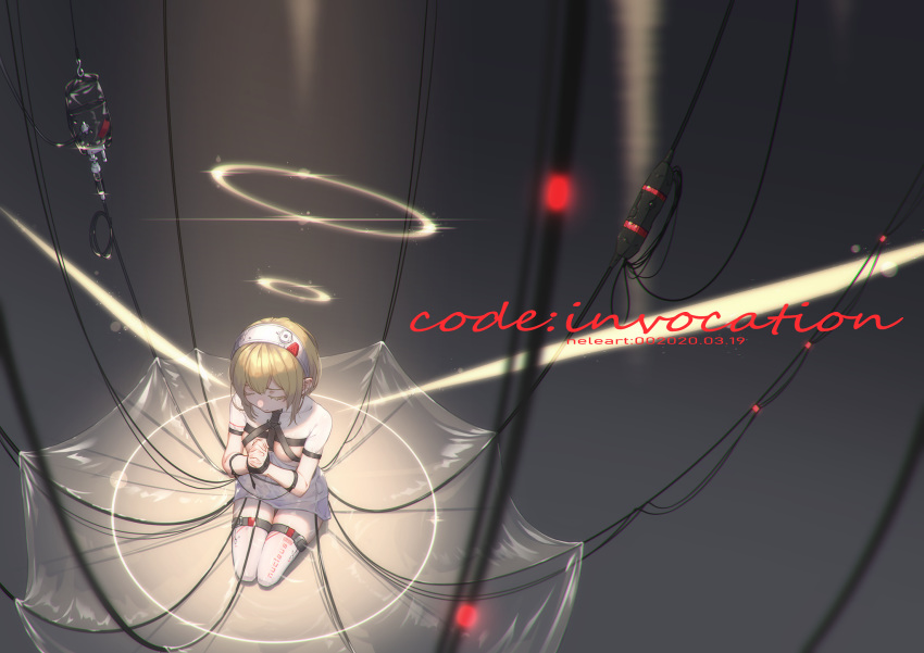 1girl blonde_hair cable closed_eyes colored_eyelashes commentary_request cyberpunk from_above hairband halo hands_clasped highres intravenous_drip nule3309 original own_hands_together praying science_fiction seiza sitting solo thigh-highs
