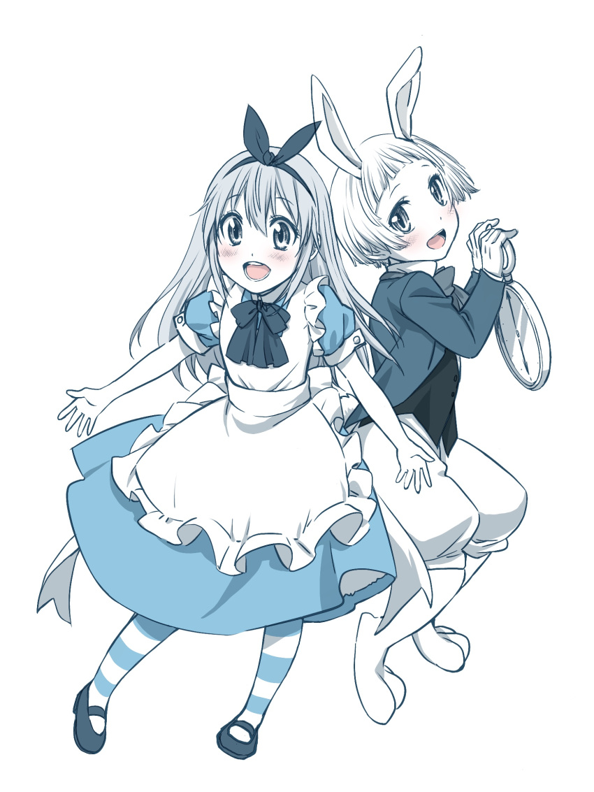 1boy 1girl alice_(wonderland) alice_(wonderland)_(cosplay) alice_in_wonderland animal_ears apron bangs blunt_bangs blush clock cosplay dress full_body hairband halloween halloween_costume hataraku_saibou highres jacket long_hair long_sleeves looking_at_viewer monochrome nayomi neck_ribbon open_mouth platelet_(hataraku_saibou) rabbit_ears ribbon shoes short_hair short_sleeves simple_background smile striped striped_legwear vest white_background white_rabbit white_rabbit_(cosplay)