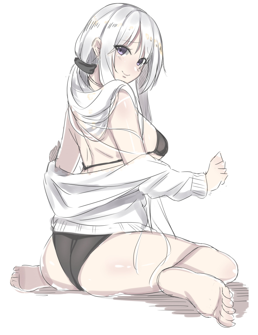 1girl absurdres alternate_hairstyle ass azur_lane back barefoot bikini black_bikini breasts enterprise_(azur_lane) grey_eyes highres long_hair looking_at_viewer looking_back medium_breasts off_shoulder ponytail scrunchie sideboob silver_hair simple_background sitting sketch solo sweater swimsuit wariza white_background yamanokami_eaka