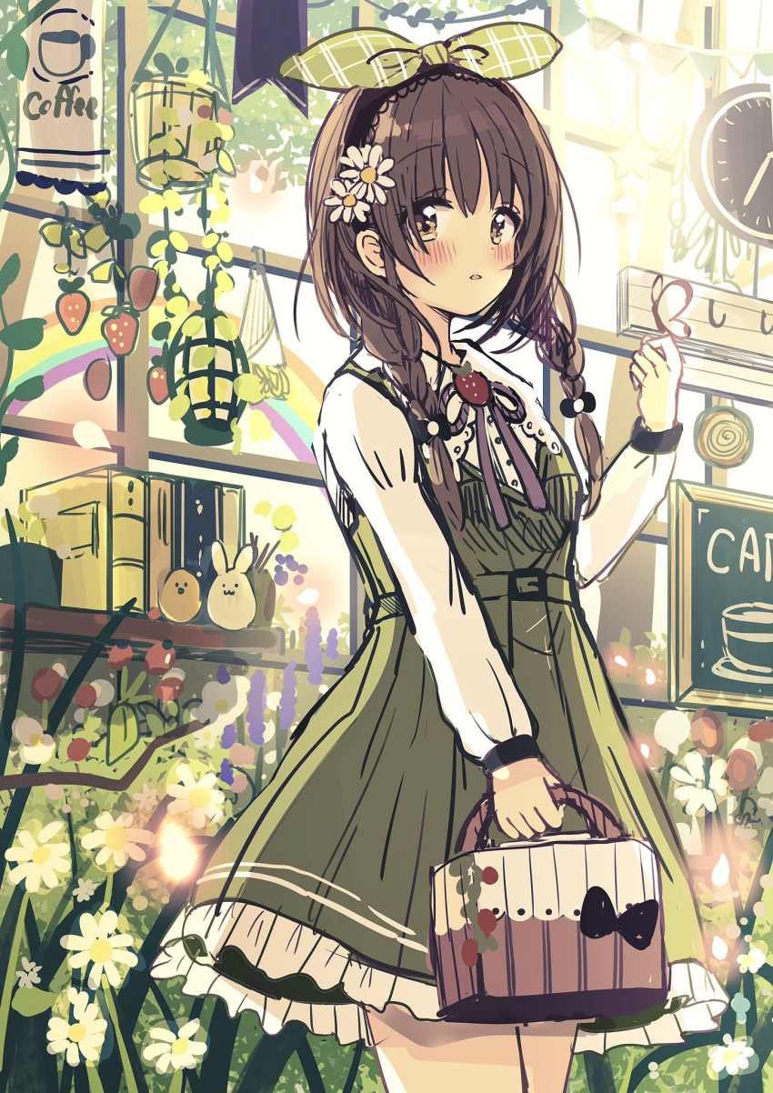 1girl animal bag bangs black_hairband blush braid brown_eyes brown_hair butterfly_on_hand clock commentary_request dress eyebrows_visible_through_hair flower food fruit green_dress green_ribbon hair_between_eyes hair_flower hair_ornament hair_ribbon hairband hand_up highres holding holding_bag long_hair long_sleeves looking_at_viewer low_twintails original parted_lips purple_flower red_flower ribbon sakura_oriko shirt sleeveless sleeveless_dress solo standing strawberry twin_braids twintails wall_clock white_flower white_shirt