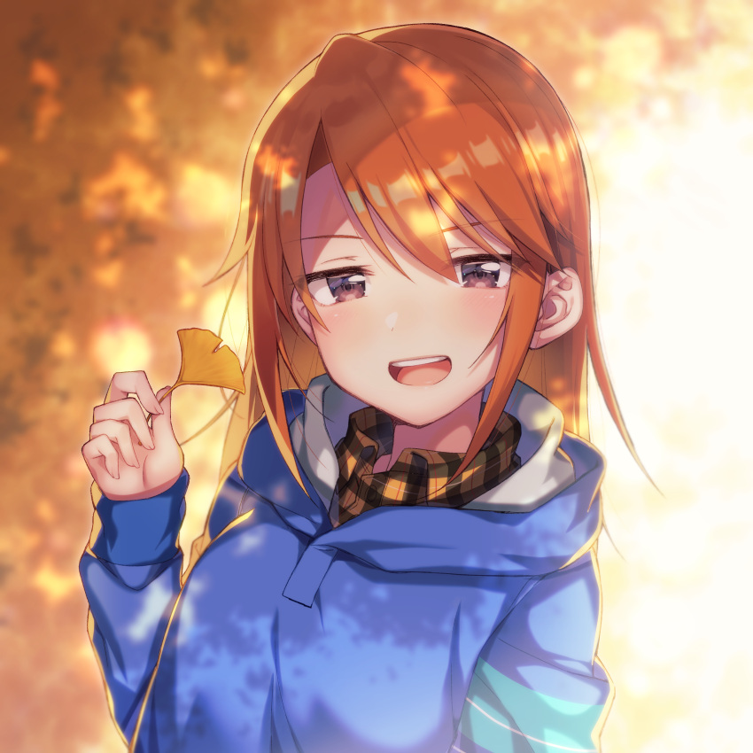 1girl :d absurdres armband autumn autumn_leaves bangs blue_coat blurry blush brown_shirt collared_shirt commentary_request day depth_of_field ginkgo_leaf hand_up highres holding holding_leaf hood hood_down hooded_coat ichiren_namiro idolmaster idolmaster_cinderella_girls leaf long_hair long_sleeves looking_at_viewer open_mouth outdoors plaid plaid_shirt redhead shirt sleeves_past_wrists smile solo upper_body upper_teeth violet_eyes wing_collar yuuki_haru