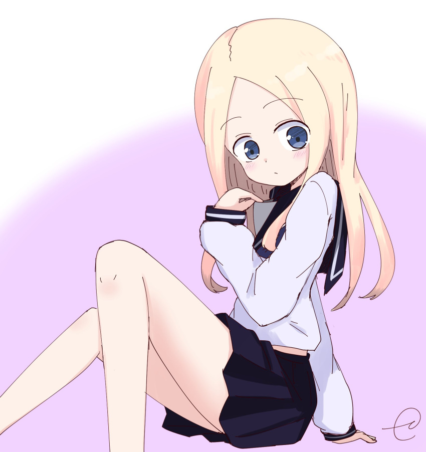 1girl abigail_williams_(fate/grand_order) alternate_costume arm_support bangs black_skirt blonde_hair blue_eyes blue_sailor_collar blush closed_mouth commentary_request eyebrows_visible_through_hair fate/grand_order fate_(series) feet_out_of_frame forehead gradient gradient_background hand_up head_tilt highres kujou_karasuma long_hair long_sleeves looking_at_viewer parted_bangs pink_background pleated_skirt sailor_collar school_uniform serafuku shirt signature sitting skirt sleeves_past_wrists solo very_long_hair white_background white_shirt