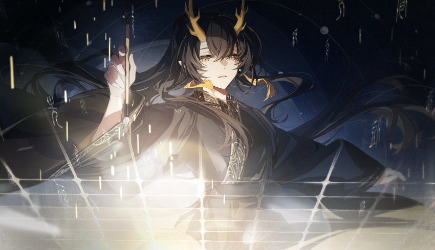 1girl absurdres arknights black_hair black_kimono chinese_commentary commentary_request crossed_bangs earrings floating_hair hair_between_eyes highres holding holding_paintbrush japanese_clothes jewelry jianbing_guozi jie_(arknights) kimono long_hair long_sleeves magic open_mouth paintbrush solo upper_body wide_sleeves yellow_eyes