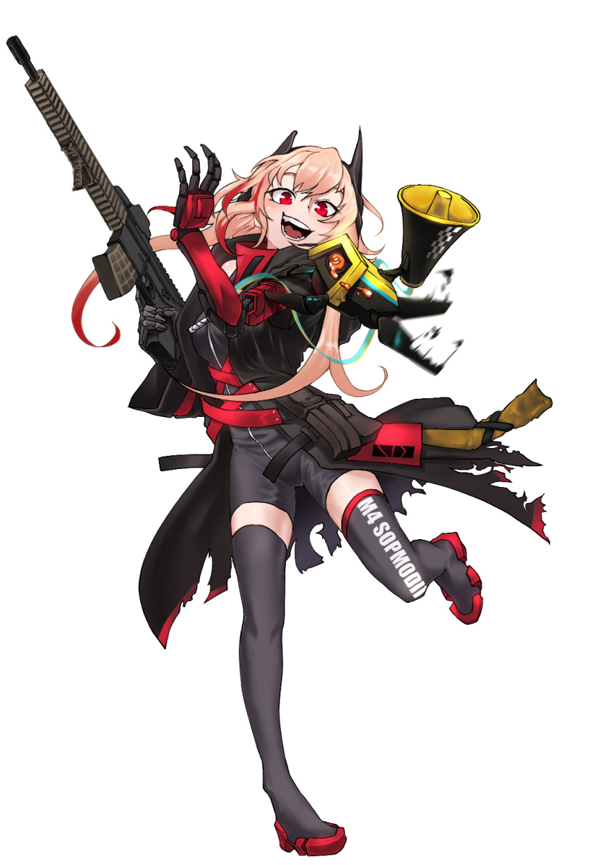 1girl bangs black_jacket black_jumpsuit black_legwear breasts character_name coat commentary_request fangs girls_frontline gloves gun hair_between_eyes headgear highres holding holding_gun holding_weapon jacket long_coat long_hair m4_sopmod_ii m4_sopmod_ii_(girls_frontline) mechanical_arm medium_breasts multicolored_hair open_clothes open_coat open_mouth pink_hair pouch red_eyes redhead sd_bigpie smile solo streaked_hair thigh-highs torn_coat weapon