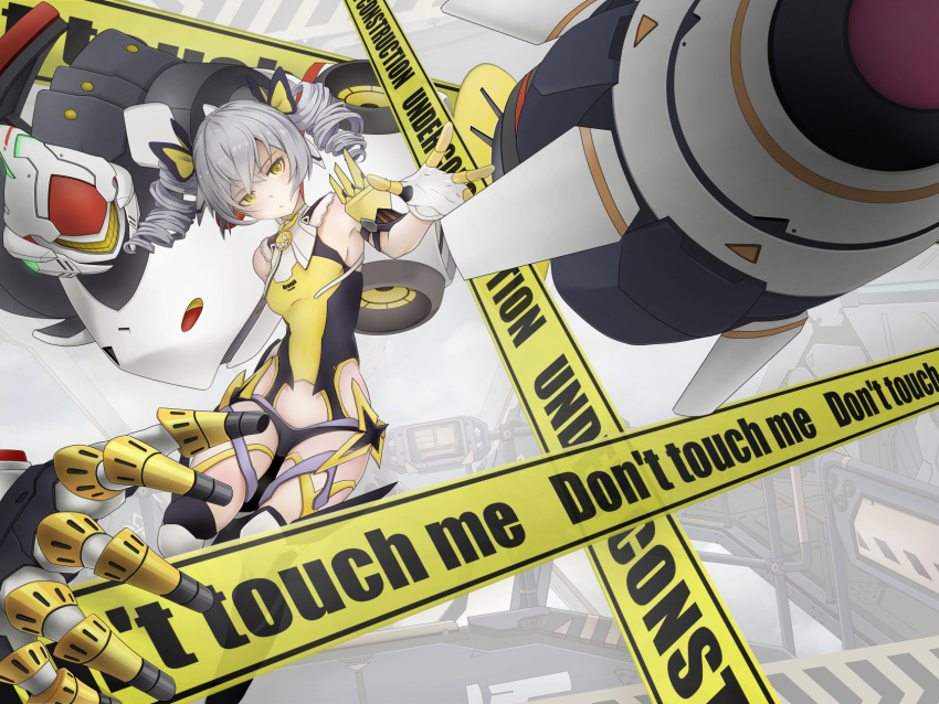1girl arm_guards armor armored_leotard armpits bangs blush bow breasts bronya_zaychik caution_tape character_name closed_mouth crossed_bangs detached_arms drill_hair elevator eyebrows_visible_through_hair floating gloves hair_between_eyes hair_bow hair_ribbon head_tilt highres honkai_impact indoors leotard long_hair looking_at_viewer mechanical_arms ribbon robot sidelocks silver_hair small_breasts solo thigh-highs thigh_strap torayuki twin_drills twintails under_construction yamabuki_armor yellow_eyes