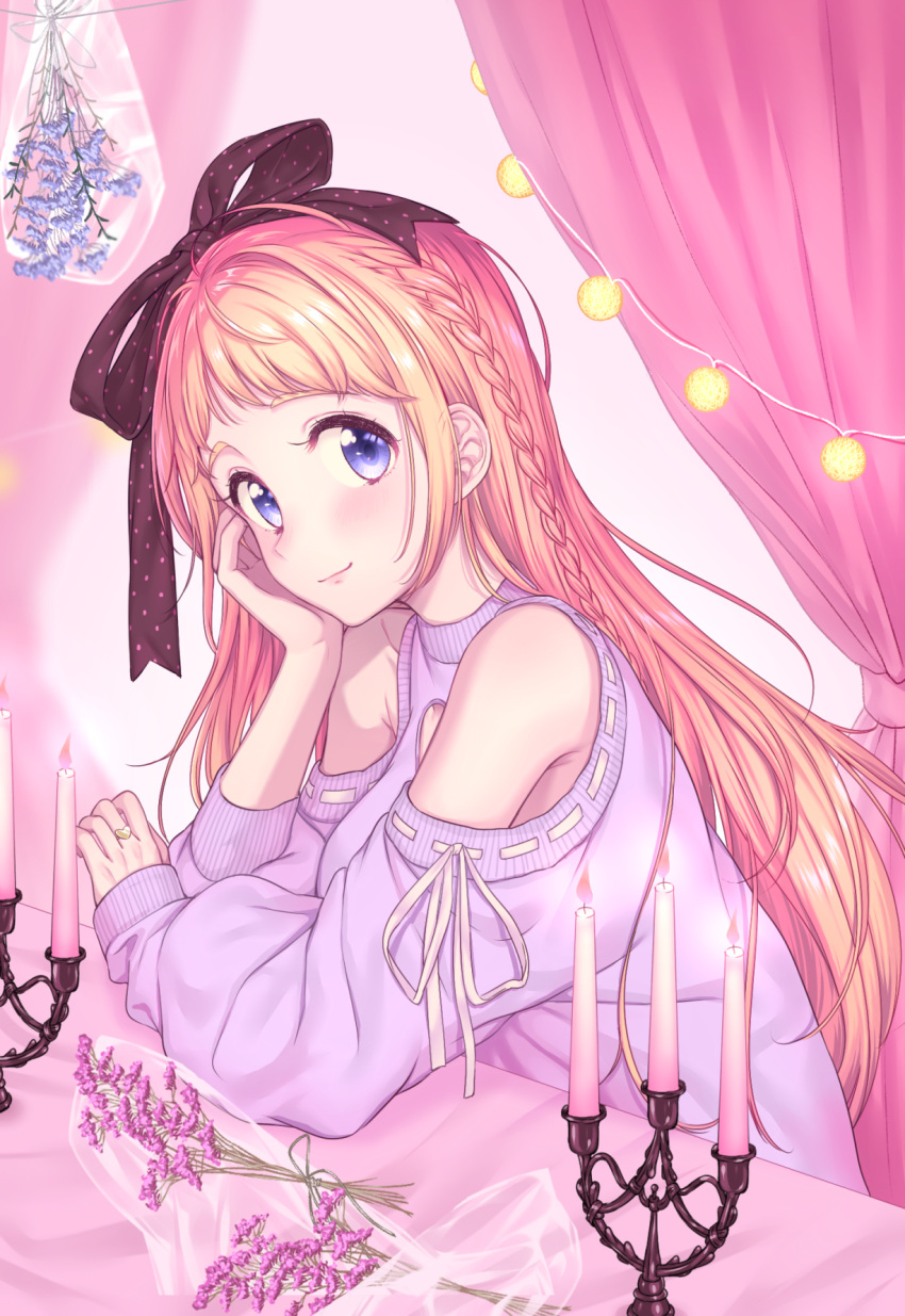 1girl bag bangs black_ribbon blonde_hair braid candle candlestand chin_rest curtains flower hair_ribbon highres jewelry long_hair long_sleeves looking_at_viewer original pink_curtains pink_flower purple_shirt ribbon ribbon-trimmed_sleeves ribbon_trim ring shirt shoulder_cutout side_braid sleeves_past_wrists smile solo umeno violet_eyes white_ribbon
