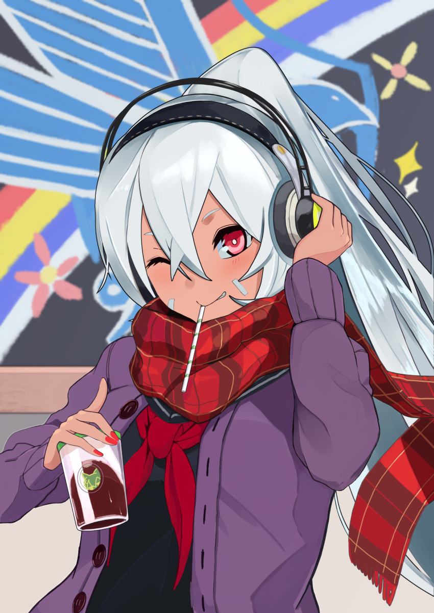 1girl alternate_costume ascot azur_lane bangs buttons chorusaqua2 coffee coffee_cup commentary cup dark_skin disposable_cup drinking_straw hair_between_eyes hand_on_headphones headphones highres long_hair long_sleeves looking_at_viewer minneapolis_(azur_lane) nail_polish one_eye_closed ponytail red_eyes red_nails scarf school_uniform smile solo sweater white_hair