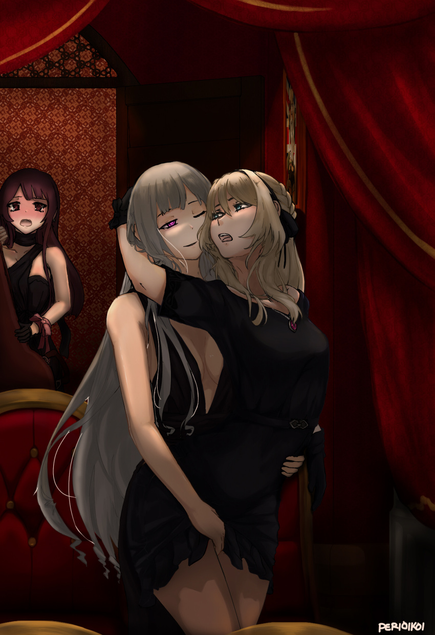 3girls @_@ ak-12_(girls_frontline) an-94_(girls_frontline) artist_name bare_arms bare_shoulders belt between_legs black_dress black_gloves blonde_hair blue_eyes blush bow braid breasts breasts_apart chair curtains door dress embarrassed evening_gown gem girls_frontline gloves grabbing hair_ornament hand_between_legs hand_on_another's_stomach highres hug hug_from_behind indoors jewelry long_hair looking_at_another multiple_girls necklace nose_blush one_eye_closed open_mouth parted_lips peeking peeking_out perioikoi purple_hair red_eyes short_sleeves sidelocks silver_hair sleeveless sleeveless_dress smile standing very_long_hair violet_eyes wa2000_(girls_frontline) wavy_hair yuri