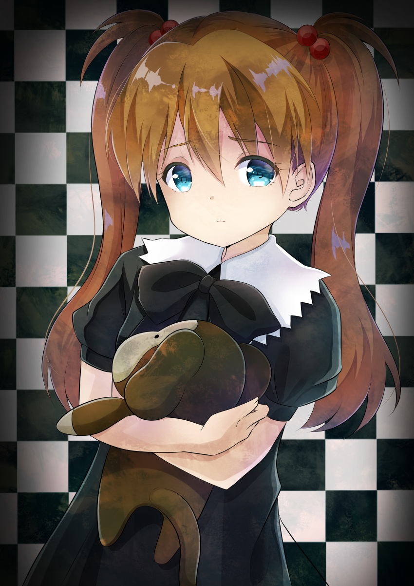 1girl absurdres bangs black_bow black_dress blue_eyes bow brown_hair checkered checkered_background child closed_mouth commentary_request dress eyebrows_visible_through_hair fingernails hair_between_eyes hair_bobbles hair_ornament highres inahori long_hair looking_at_viewer neon_genesis_evangelion object_hug puffy_short_sleeves puffy_sleeves short_sleeves sidelocks solo souryuu_asuka_langley stuffed_monkey twintails younger