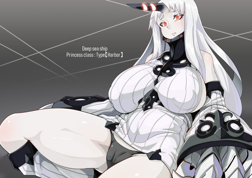 claws detached_sleeves dress highres horn kantai_collection long_hair pale_skin panties red_eyes ribbed_dress ribbed_sweater ryuun_(stiil) seaport_hime shinkaisei-kan short_dress solo sweater sweater_dress underwear very_long_hair white_hair white_skin