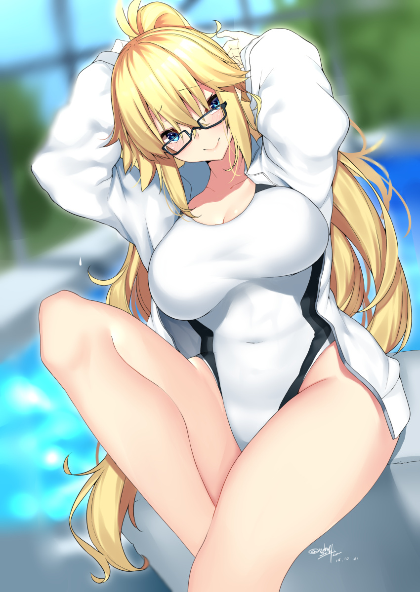 1girl absurdres bangs black-framed_eyewear blonde_hair blue_eyes blurry blurry_background blush breasts closed_mouth collarbone covered_navel fate_(series) glasses hair_between_eyes highres hips jacket jeanne_d'arc_(fate)_(all) jeanne_d'arc_(swimsuit_archer) knee_up large_breasts long_hair looking_at_viewer nebusoku open_clothes open_jacket ponytail signature sitting solo swimsuit thighs very_long_hair waist white_jacket white_swimsuit