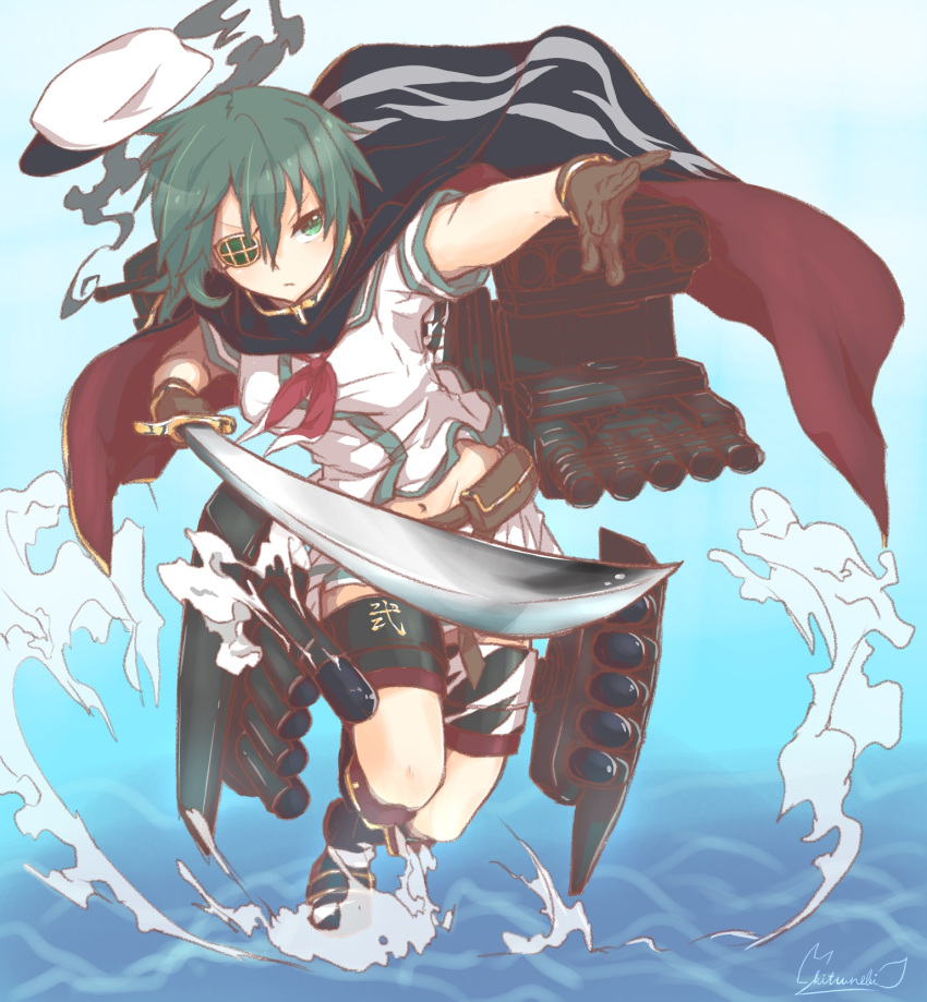 1girl black_cape boots brown_gloves camouflage cape closed_mouth commentary_request cutlass eyepatch gloves green_eyes green_hair hat highres holding holding_weapon kantai_collection kiso_(kantai_collection) kitsunebi_ao knee_boots navel neckerchief ocean pauldrons pocket red_neckwear remodel_(kantai_collection) sailor_hat school_uniform serafuku shirt short_hair simple_background skirt smoke solo torpedo torpedo_launcher turret weapon white_shirt white_skirt