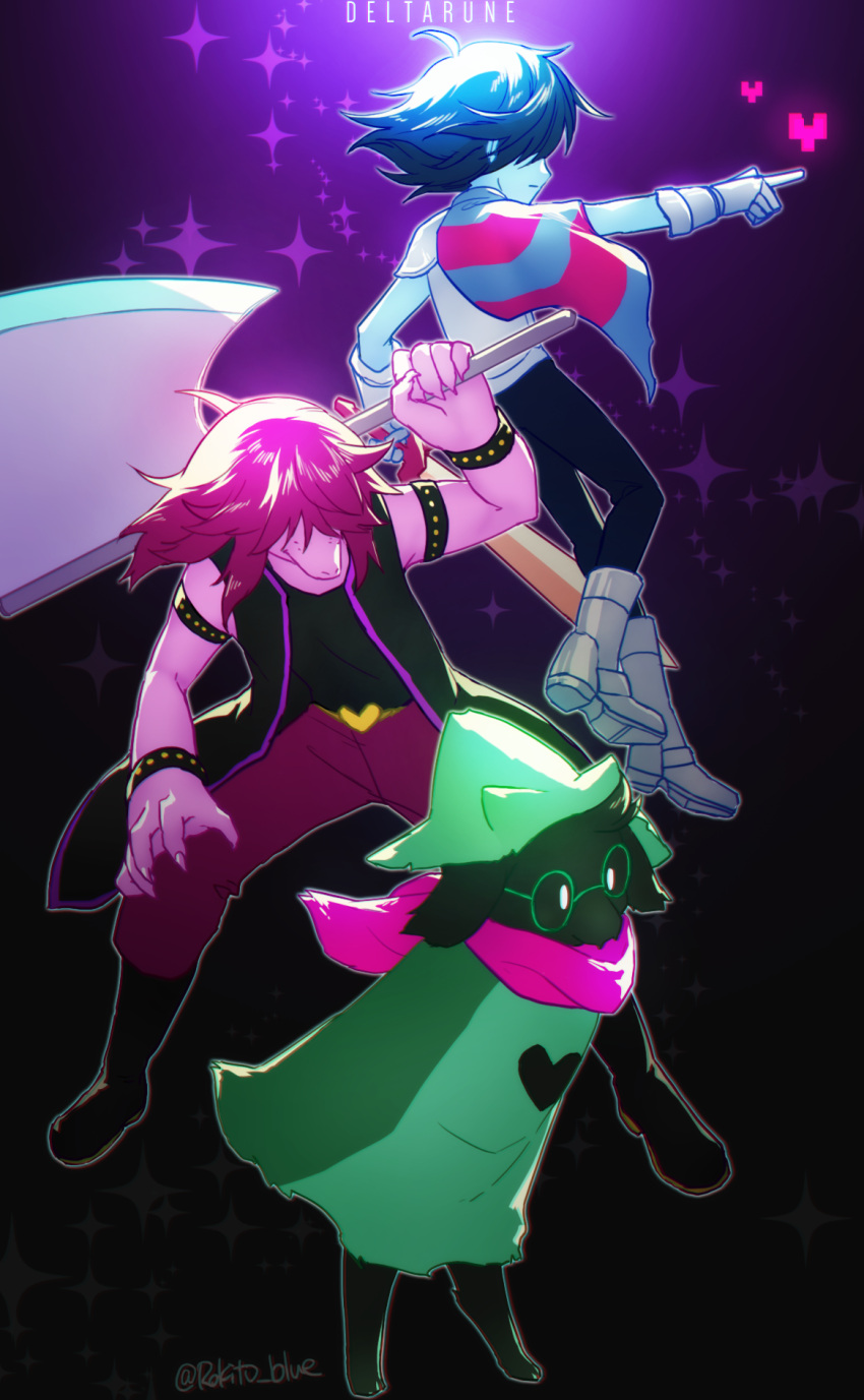 androgynous axe black_background black_hair black_pants blue_skin boots brown_hair copyright_name deltarune gauntlets glasses green_hat green_robe grey_footwear hair_over_eyes hat heart highres holding holding_weapon kris_(deltarune) pants pink_scarf pointing profile ralsei rokito scarf simple_background sleeveless_jacket standing striped_capelet studded_armlet studded_bracelet susie_(deltarune) sword teeth twitter_username weapon