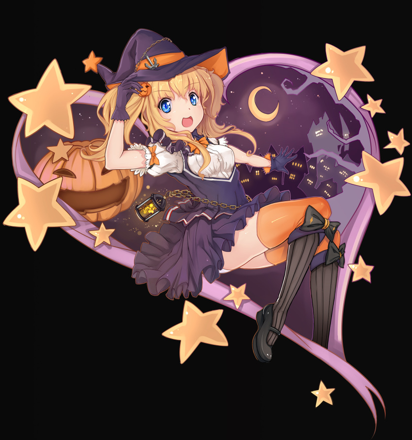 1girl alternate_costume black_background blonde_hair boots breasts chains gloves glowworm_(zhan_jian_shao_nyu) halloween hat highres jack-o'-lantern lamp looking_at_viewer open_mouth pumpkin rhineheim small_breasts solo star thigh-highs twintails witch_hat zhan_jian_shao_nyu