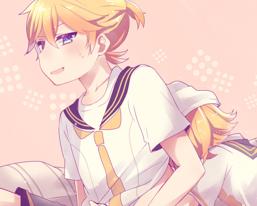 1boy 1girl aoi_choko_(aoichoco) bangs blonde_hair blue_eyes collarbone covering_face head_on_back hug hug_from_behind kagamine_len kagamine_rin leaning_on_person pillow pink_background sailor_collar shirt shirt_lift short_ponytail short_sleeves sidelocks simple_background sitting sweatdrop t-shirt teasing vocaloid white_shirt