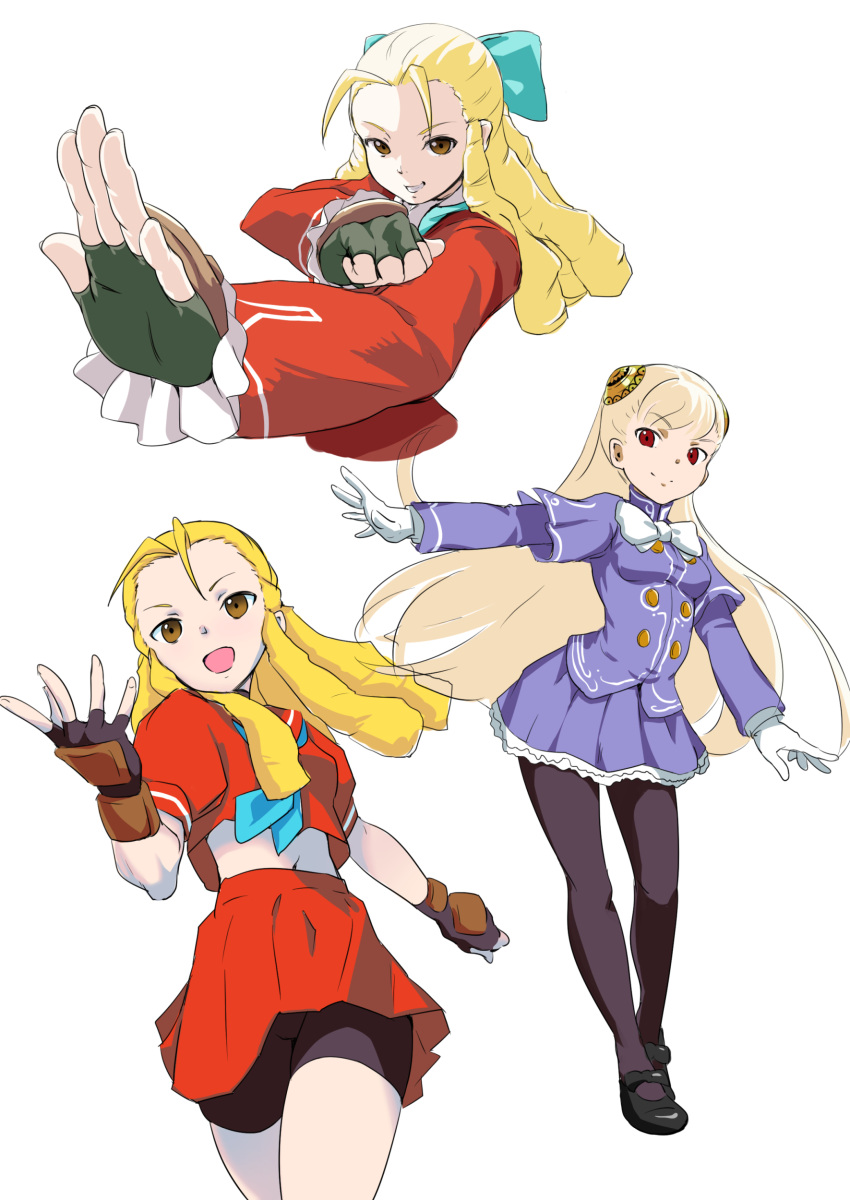 3girls absurdres age_comparison antenna_hair arm_up arms_up black_footwear black_gloves black_shorts blonde_hair blue_jacket blue_neckwear blue_ribbon blue_sailor_collar blue_skirt bow breasts brown_eyes capcom_fighting_jam clenched_hand closed_mouth commentary_request double_bun double_horizontal_stripe drill_hair eyebrows_visible_through_hair fighting_stance fingerless_gloves forehead gloves gym_shorts hair_pulled_back hair_ribbon hairpods hand_up highres ingrid jacket kanzuki_karin long_hair long_sleeves lsizessize mary_janes medium_breasts midriff multiple_girls navel neckerchief open_mouth pantyhose petticoat purple_legwear red_eyes red_jacket red_skirt ribbon ringlets sailor_collar school_uniform serafuku shirt shoes short_sleeves shorts shorts_under_skirt silver_hair simple_background skirt smile solo standing street_fighter street_fighter_v street_fighter_zero_(series) time_paradox white_background white_bow white_gloves white_neckwear