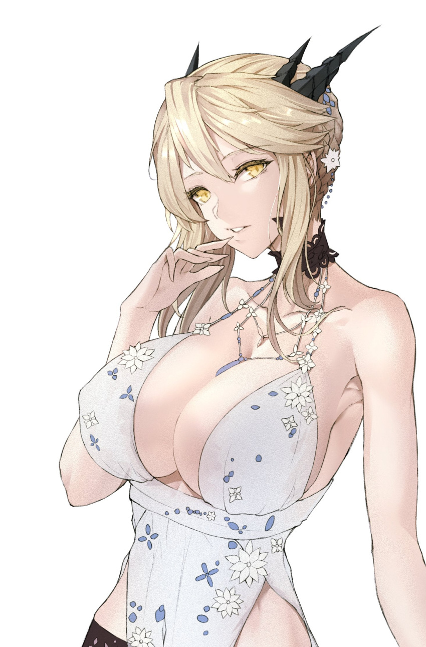 1girl alternate_costume artoria_pendragon_(all) artoria_pendragon_(lancer_alter) babydoll bare_shoulders black_panties blonde_hair braid breasts choker cleavage collarbone covered_nipples craft_essence dark_persona fate/grand_order fate_(series) finger_to_mouth french_braid hair_between_eyes hair_ornament highres jewelry large_breasts limeblock lingerie looking_at_viewer necklace panties revealing_clothes royal_icing see-through sidelocks solo underwear waist work_in_progress yellow_eyes