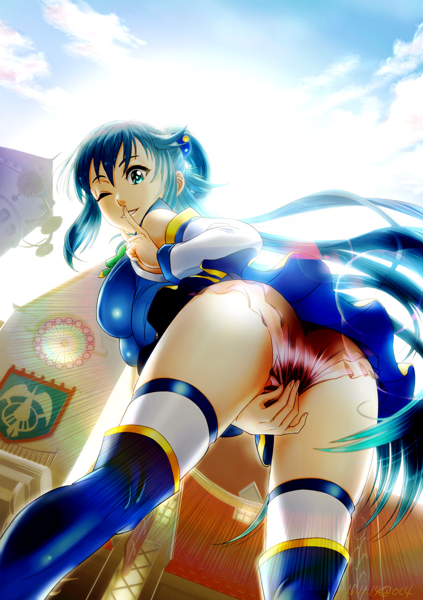 1girl absurdres aqua_(konosuba) aqua_eyes ass bent_over between_legs blue_hair blue_legwear boots breasts building clouds cloudy_sky covering covering_crotch dated day detached_sleeves dress finger_to_mouth hair_bobbles hair_ornament hair_rings hand_between_legs highres index_finger_raised kono_subarashii_sekai_ni_shukufuku_wo! lens_flare long_hair looking_at_viewer looking_back medium_breasts no_panties one_eye_closed oshiyon see-through short_dress sky smile solo standing sunlight thigh-highs thigh_boots twitter_username white_legwear