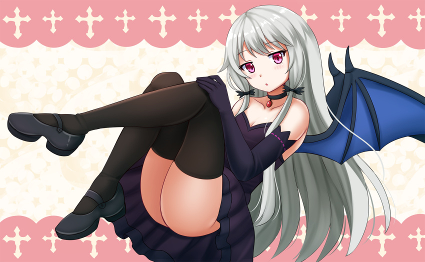 1girl ass bare_shoulders bat_wings black_choker black_footwear black_legwear blue_wings blush breasts choker cleavage collarbone commentary dress elbow_gloves full_body gloves hair_ornament head_tilt highres kazenokaze long_hair looking_at_viewer parted_lips purple_dress purple_gloves shoes silver_hair small_breasts solo sophie_twilight strapless strapless_dress thigh-highs tonari_no_kyuuketsuki-san very_long_hair violet_eyes wings