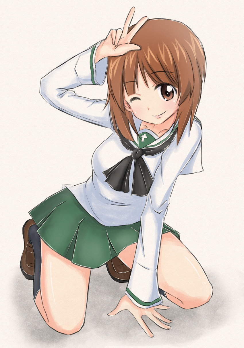 1girl ;) absurdres arm_support bangs black_legwear black_neckwear blouse brown_eyes brown_hair closed_mouth commentary eyebrows_visible_through_hair girls_und_panzer green_skirt head_tilt highres kneeling leaning_forward leaning_to_the_side loafers long_sleeves looking_at_viewer miniskirt munisuke_(zrkt7883) neckerchief nishizumi_miho one_eye_closed ooarai_school_uniform pleated_skirt pose school_uniform serafuku shadow shoes short_hair simple_background skirt smile socks solo traditional_media w white_background white_blouse