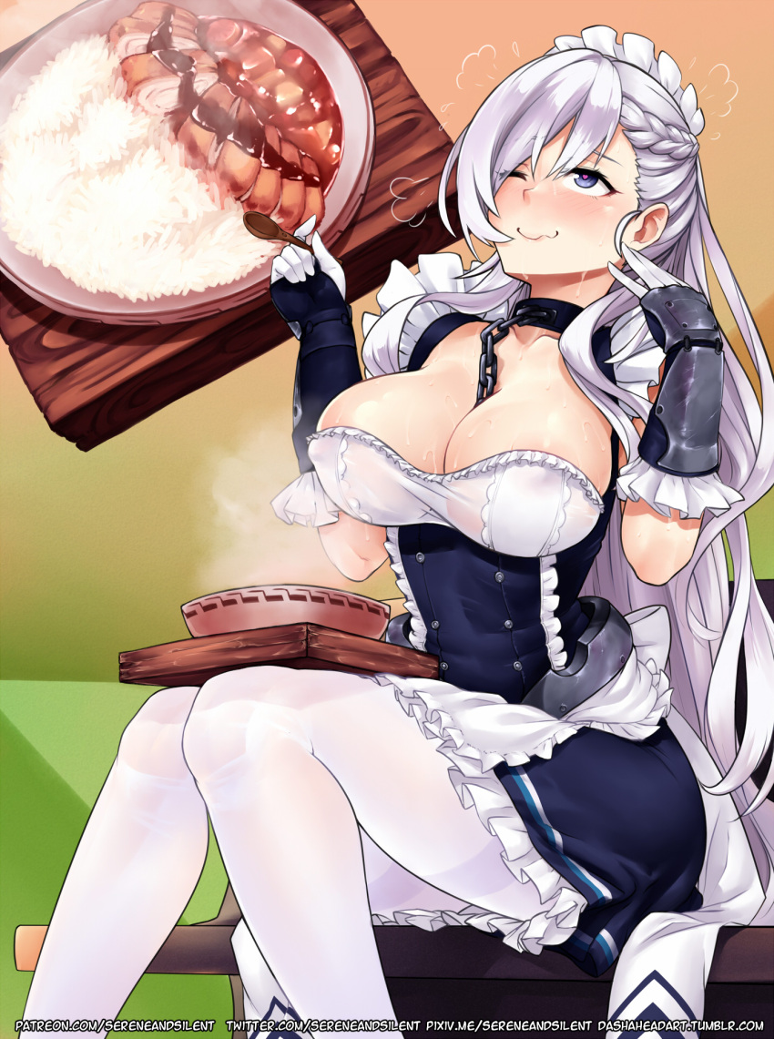 1girl apron arm_guards artist_name azur_lane bangs belfast_(azur_lane) blue_eyes blush braid breasts chains cleavage closed_mouth collar collarbone commentary corset curry dress eating english_commentary eyebrows_visible_through_hair food french_braid frilled_gloves frills gloves happy head_tilt heart heart-shaped_pupils highres large_breasts long_hair looking_at_viewer maid maid_headdress one_eye_closed patreon_username sereneandsilent sidelocks silver_hair smile solo spicy_curry sweat symbol-shaped_pupils victorian_maid wading watermark wavy_mouth web_address white_gloves